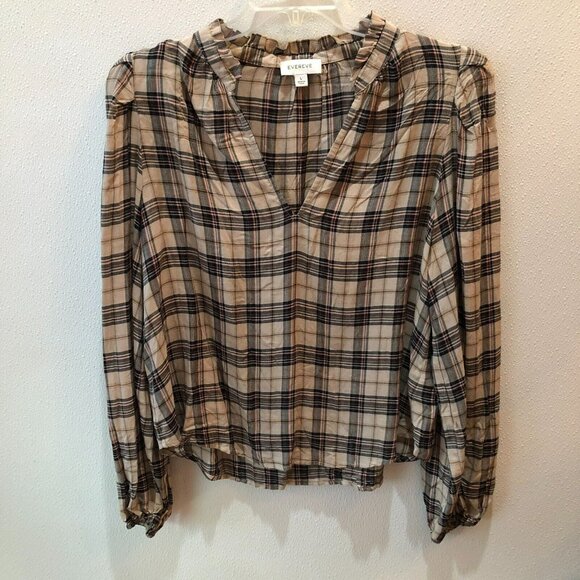 Evereve Womens Large Tan Plaid Long Sleeve V Neck Pullover Shirt Blouse Top Sz L - Picture 4 of 10